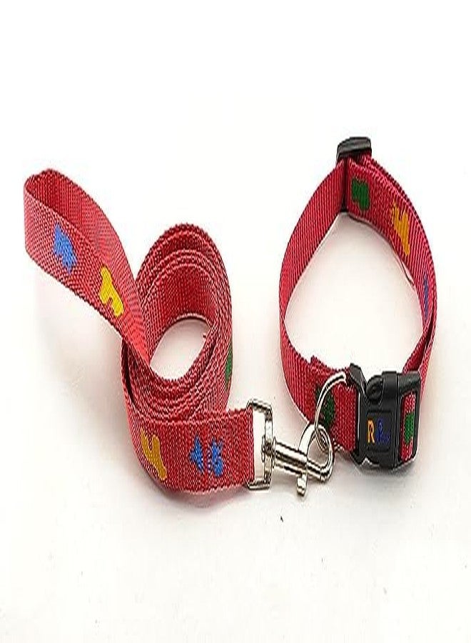 Pups&Pets Nylon Collar Leash Set Printed Adjustable & Durable Collar Leash Set 15 mm for All Small Breed Dog & Puppy 15 MM - Red - Image 1